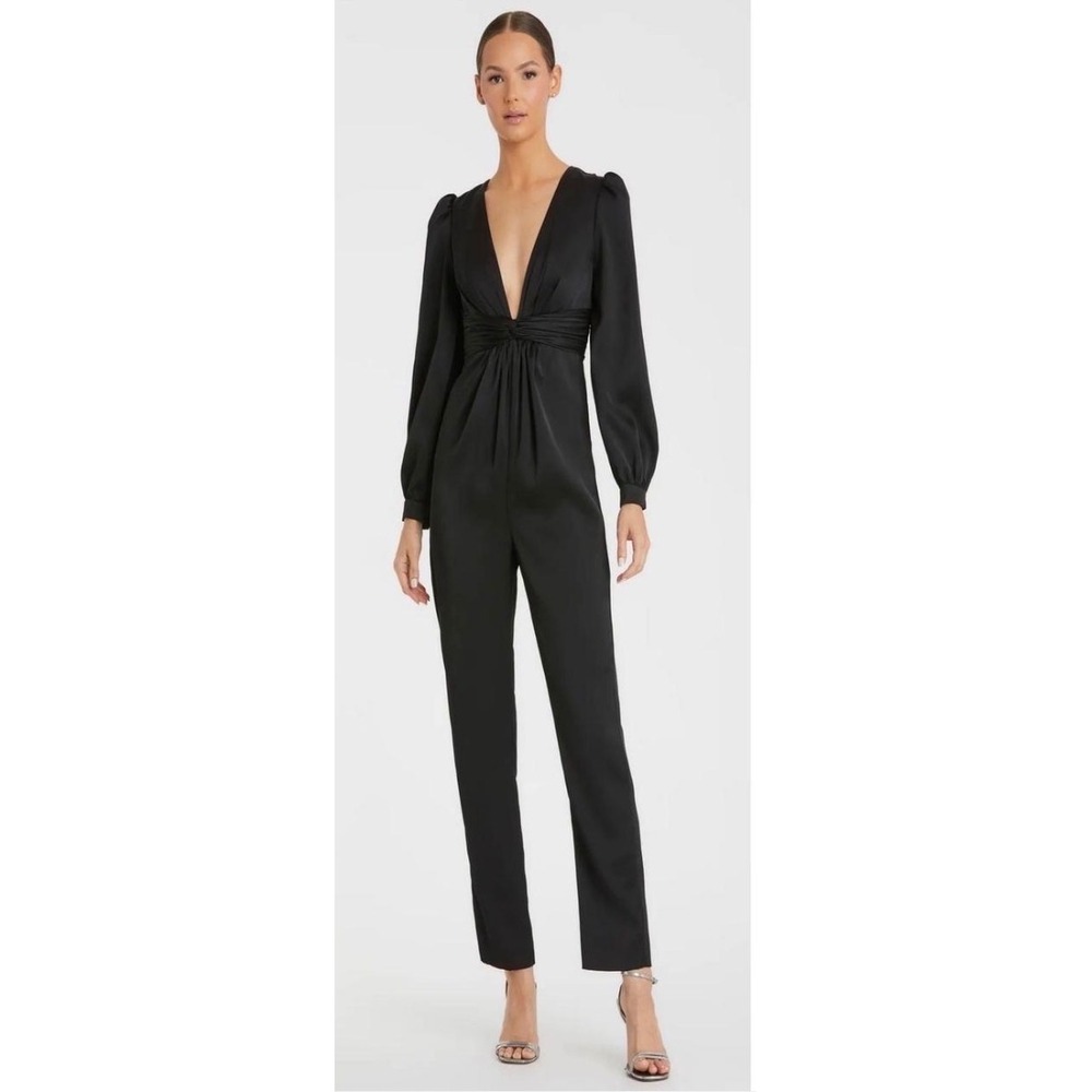 IEENA for Mac Duggal Black Satin Long Sleeve V-Neck Knotted Waist Jumpsuit 8